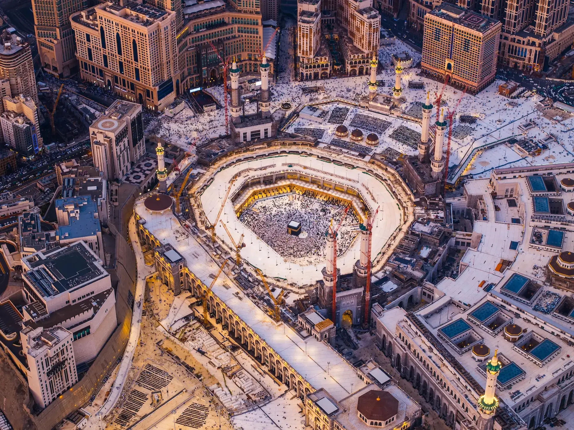 Aerial view of pilgrims at the Kaaba in the Grand Mosque, Mecca Birmingham Umrah packages Umrah packages from the UK